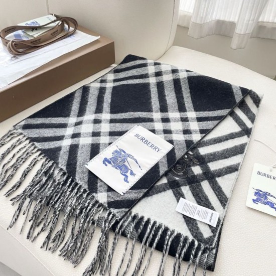 Premio Replica Sciarpa in cashmere con motivo check Burberry e orlo con nappe Nero/bianca 30 x 168 Imitazioni False Online