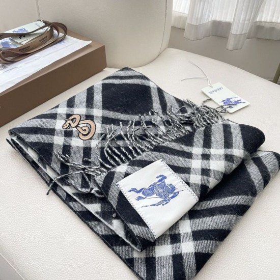 Premio Replica Sciarpa in cashmere con motivo check Burberry e orlo con nappe Nero/bianca 30 x 168 Imitazioni False Online