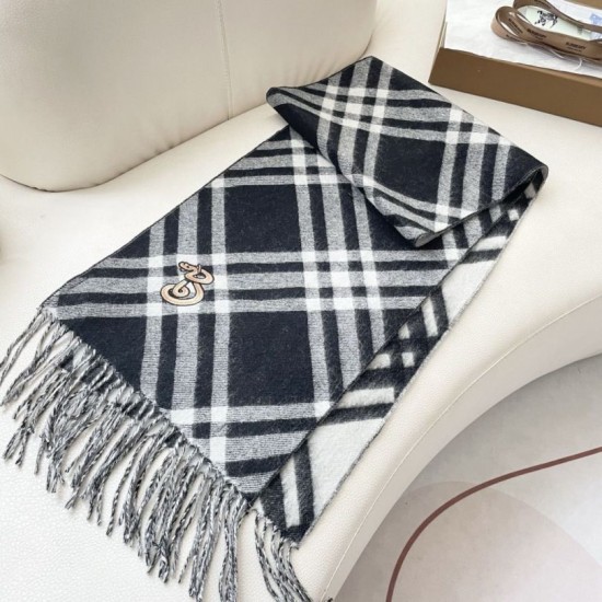 Premio Replica Sciarpa in cashmere con motivo check Burberry e orlo con nappe Nero/bianca 30 x 168 Imitazioni False Online