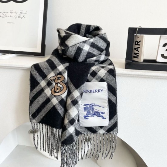 Premio Replica Sciarpa in cashmere con motivo check Burberry e orlo con nappe Nero/bianca 30 x 168 Imitazioni False Online