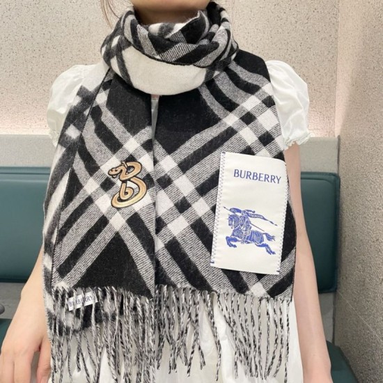 Premio Replica Sciarpa in cashmere con motivo check Burberry e orlo con nappe Nero/bianca 30 x 168 Imitazioni False Online