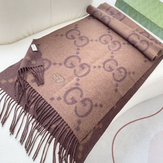 Premio Replica Sciarpa reversibile Gucci GG cashmere marrone 50 x 190 Imitazioni False Online