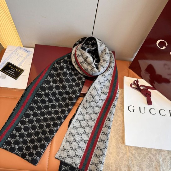 Premio Replica Sciarpa reversibile cashmere a righe Gucci GG Web 30 x 180 Marrone/Beige Imitazioni False Online