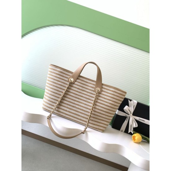 Premio Replica Borsa shopping Tote Chanel Deauville AS6007 tela righe marrone Imitazione Outlet