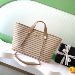 Premio Replica Borsa shopping Tote Chanel Deauville AS6007 tela righe marrone Imitazione Outlet