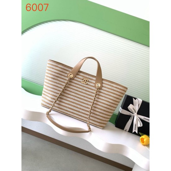 Premio Replica Borsa shopping Tote Chanel Deauville AS6007 tela righe marrone Imitazione Outlet