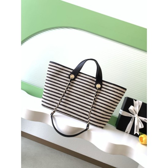 Premio Replica Borsa shopping Tote Chanel Deauville AS6007 tela righe bianca/nero Imitazione Outlet