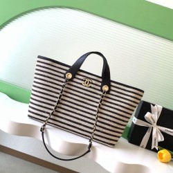 Premio Replica Borsa shopping Tote Chanel Deauville AS6007 tela righe bianca/nero Imitazione Outlet