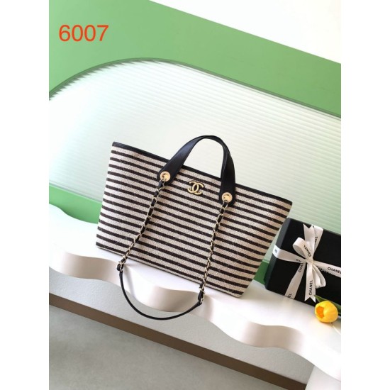 Premio Replica Borsa shopping Tote Chanel Deauville AS6007 tela righe bianca/nero Imitazione Outlet