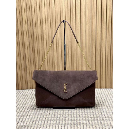 Falso Perfetto YSL Saint Laurent Cassandre Borsa a busta grande con catena scamosciata marrone Imitazione Outlet Online