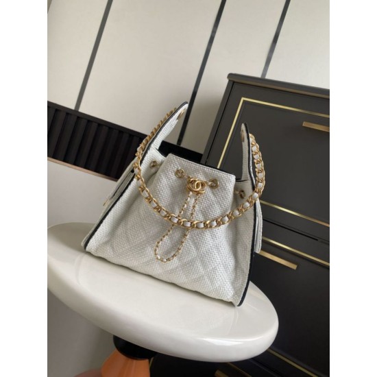 Falso Perfetto Borsa a mano Chanel 25 Mini Hobo AS5293 Rafia intrecciata Beige/Nero Imitazione Outlet Online