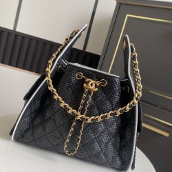 Falso Perfetto Borsa a mano Chanel 25 Mini Hobo AS5293 Rafia intrecciata Nero Imitazione Outlet Online