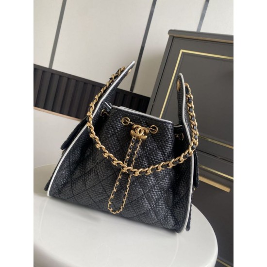 Falso Perfetto Borsa a mano Chanel 25 Mini Hobo AS5293 Rafia intrecciata Nero Imitazione Outlet Online