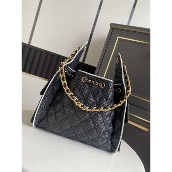 Falso Perfetto Borsa a mano Chanel 25 Mini Hobo AS5293 Rafia intrecciata Nero Imitazione Outlet Online