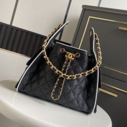 Falso Perfetto Borsa a mano Chanel 25 Mini Hobo AS5293 Rafia intrecciata Nero Imitazione Outlet Online