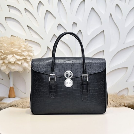 Falso Perfetto Borsa da lavoro da uomo Stefano Ricci in stampa coccodrillo opaca Nero Imitazione Outlet Online