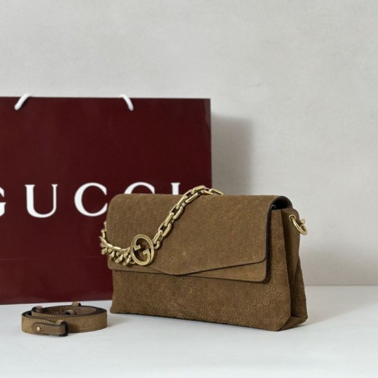 Premio Replica Borsa a tracolla Gucci media con motivo GG goffrato e catena 857622 scamosciata marrone Imitazione Outlet
