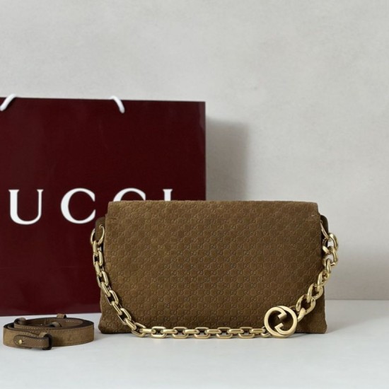 Premio Replica Borsa a tracolla Gucci media con motivo GG goffrato e catena 857622 scamosciata marrone Imitazione Outlet