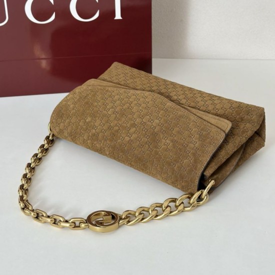 Premio Replica Borsa a tracolla Gucci media con motivo GG goffrato e catena 857622 scamosciata marrone Imitazione Outlet
