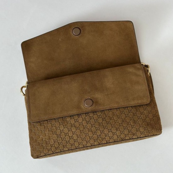 Premio Replica Borsa a tracolla Gucci media con motivo GG goffrato e catena 857622 scamosciata marrone Imitazione Outlet