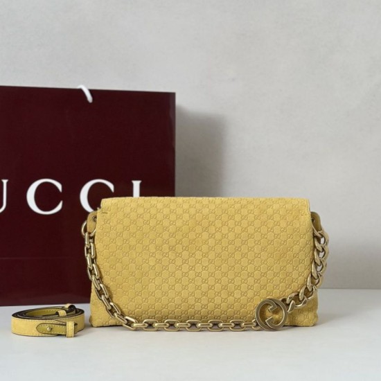 Premio Replica Borsa a tracolla Gucci media con motivo GG goffrato e catena 857622 scamosciata Giallo Imitazione Outlet