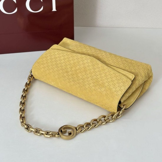 Premio Replica Borsa a tracolla Gucci media con motivo GG goffrato e catena 857622 scamosciata Giallo Imitazione Outlet