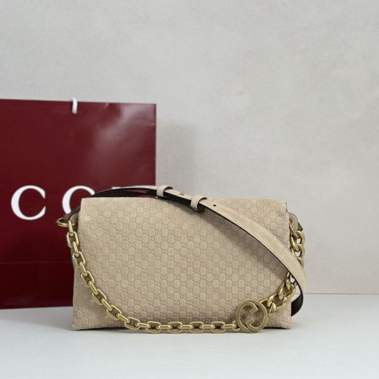 Premio Replica Borsa a tracolla Gucci media con motivo GG goffrato e catena 857622 scamosciata Beige Imitazione Outlet