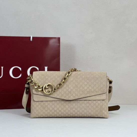 Premio Replica Borsa a tracolla Gucci media con motivo GG goffrato e catena 857622 scamosciata Beige Imitazione Outlet