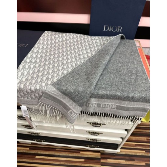 Premio Replica Sciarpa frange Dior Oblique cashmere blu navy/écru 45 x 200 grigio Imitazione Outlet