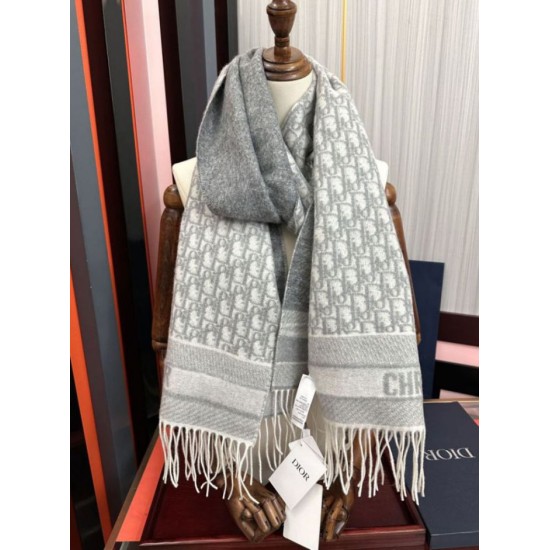 Premio Replica Sciarpa frange Dior Oblique cashmere blu navy/écru 45 x 200 grigio Imitazione Outlet