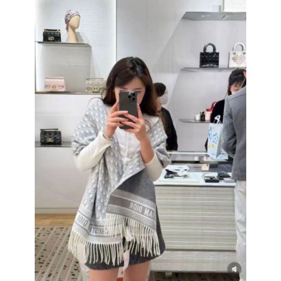 Premio Replica Sciarpa frange Dior Oblique cashmere blu navy/écru 45 x 200 grigio Imitazione Outlet