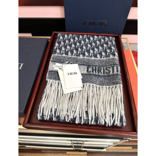 Premio Replica Sciarpa frange Dior Oblique cashmere blu navy/écru 45 x 200 Blu Imitazione Outlet
