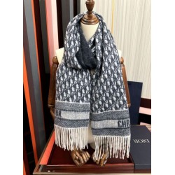 Premio Replica Sciarpa frange Dior Oblique cashmere blu navy/écru 45 x 200 Blu Imitazione Outlet