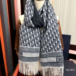 Premio Replica Sciarpa frange Dior Oblique cashmere blu navy/écru 45 x 200 Blu Imitazione Outlet