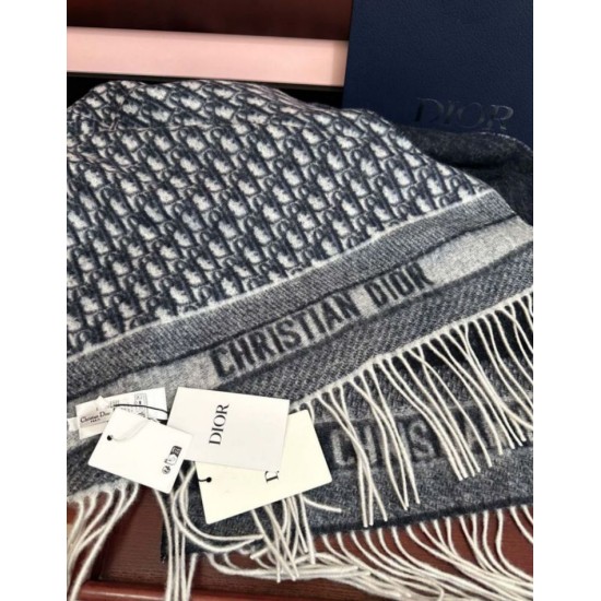 Premio Replica Sciarpa frange Dior Oblique cashmere blu navy/écru 45 x 200 Blu Imitazione Outlet