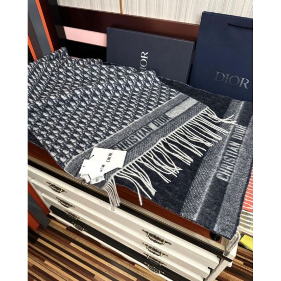 Premio Replica Sciarpa frange Dior Oblique cashmere blu navy/écru 45 x 200 Blu Imitazione Outlet