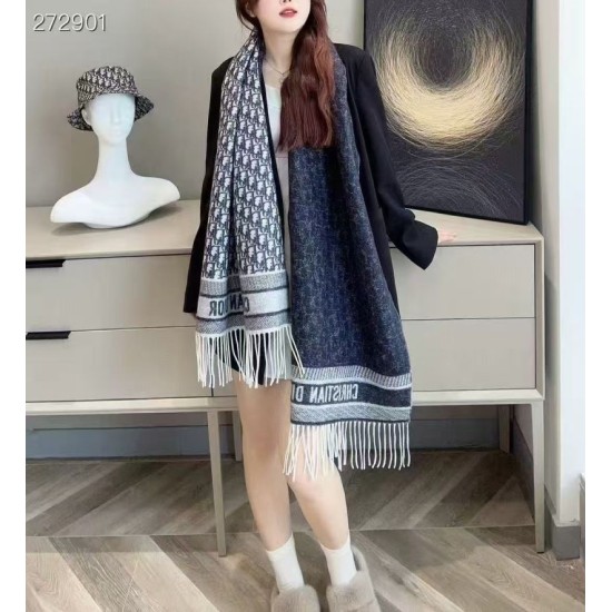 Premio Replica Sciarpa frange Dior Oblique cashmere blu navy/écru 45 x 200 Blu Imitazione Outlet