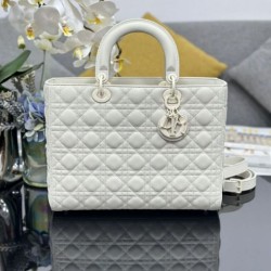 Replica Borsa a mano Dior Lady Dior grande opaca Cannage con patta bianca Imitazioni perfette Outlet