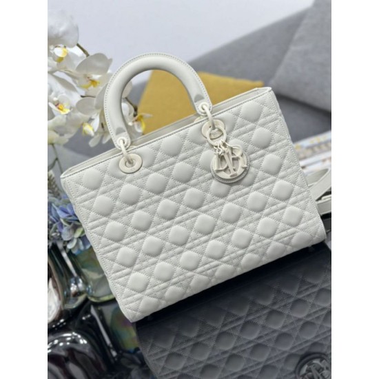 Replica Borsa a mano Dior Lady Dior grande opaca Cannage con patta bianca Imitazioni perfette Outlet