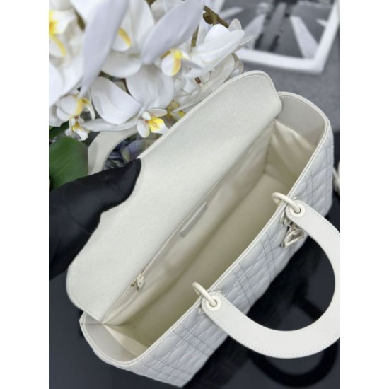 Replica Borsa a mano Dior Lady Dior grande opaca Cannage con patta bianca Imitazioni perfette Outlet