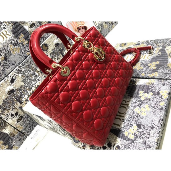 Replica Borsa grande Dior Lady Dior agnello trapuntata cannage Rosso Imitazioni perfette Outlet