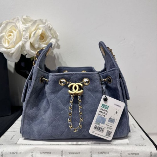 Premio Repliche Borsa a mano Chanel 25 Mini trapuntata AS5631 scamosciata Blu Imitazione Outlet Online