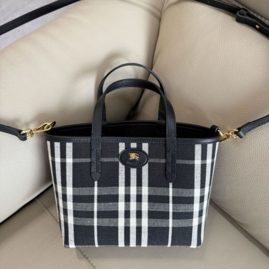 Premio Repliche Borsa tote Burberry Mini Reversible Bloomsbury Check nera/Blu Imitazione Outlet Online