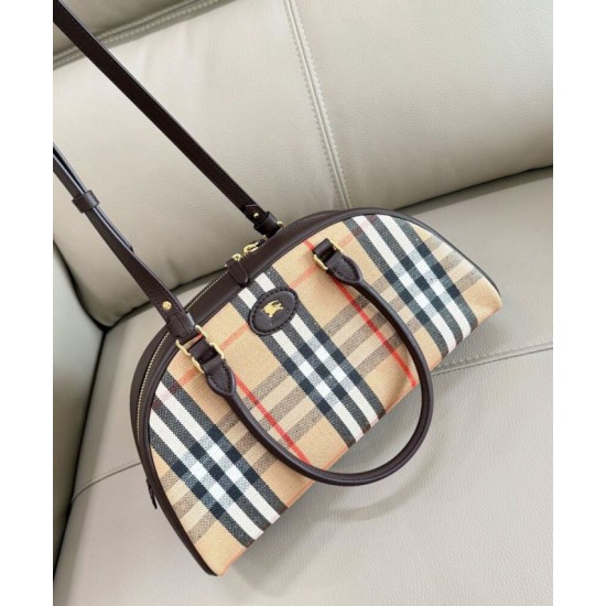 Premio Repliche Borsa a mano Burberry Canvas Highlands Bowling, colore caffè scuro Imitazione Outlet Online