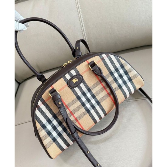 Premio Repliche Borsa a mano Burberry Canvas Highlands Bowling, colore caffè scuro Imitazione Outlet Online