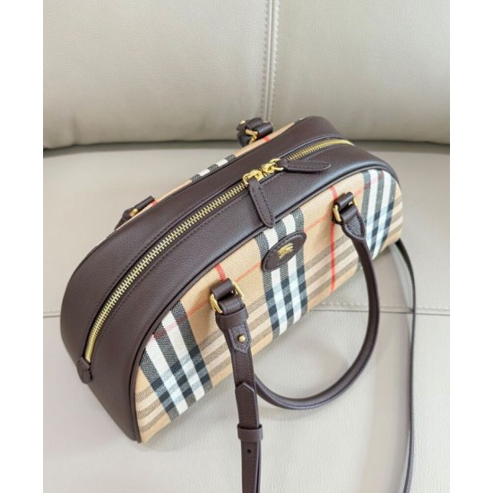 Premio Repliche Borsa a mano Burberry Canvas Highlands Bowling, colore caffè scuro Imitazione Outlet Online