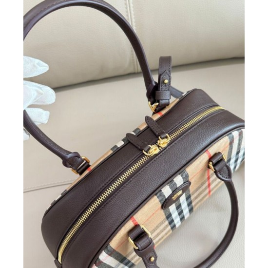 Premio Repliche Borsa a mano Burberry Canvas Highlands Bowling, colore caffè scuro Imitazione Outlet Online