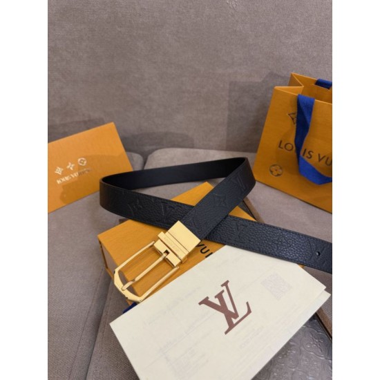 Premio Replica Cinture reversibile pelle sottile Louis Vuitton da 35mm Nero oro Imitazione Outlet Italia