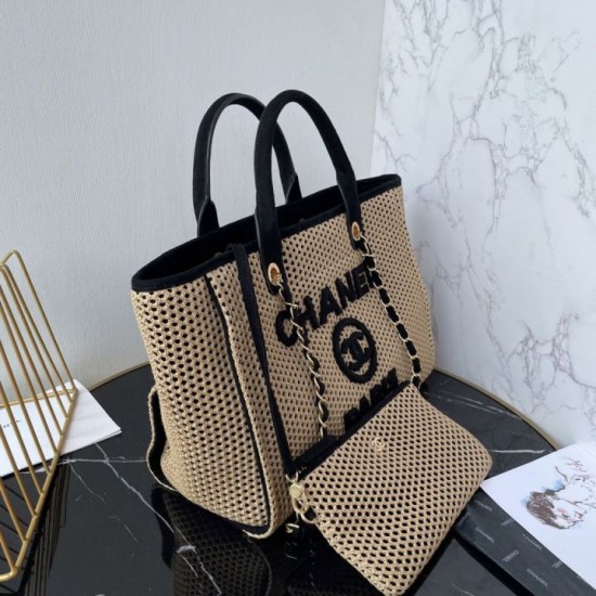 Replica Premium Borsa tote Chanel Deauville Beach Shopping AS3257 Rafia Nero Imitazione Outlet
