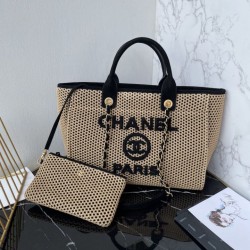 Replica Premium Borsa tote Chanel Deauville Beach Shopping AS3257 Rafia Nero Imitazione Outlet